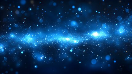 Obraz premium A vibrant, horizontal band of bright blue nebulae, speckled with varying sizes of light points and bokeh, set against a deep navy background, suggesting cosmic depth and energy