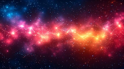 Naklejka premium A vibrant nebula swirls with crimson, orange, and blue hues, punctuated by bright.