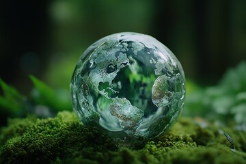 Glass globe earth on lush green moss