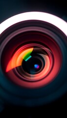 close up of a camera lens on a black background