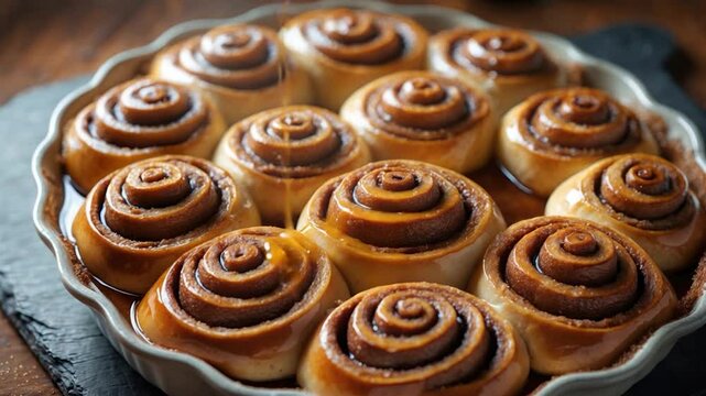 Freshly baked cinnamon rolls arranged in a circular pattern, glistening with a rich caramel glaze in a round baking dish, showcasing their golden-brown swirls and inviting aroma.