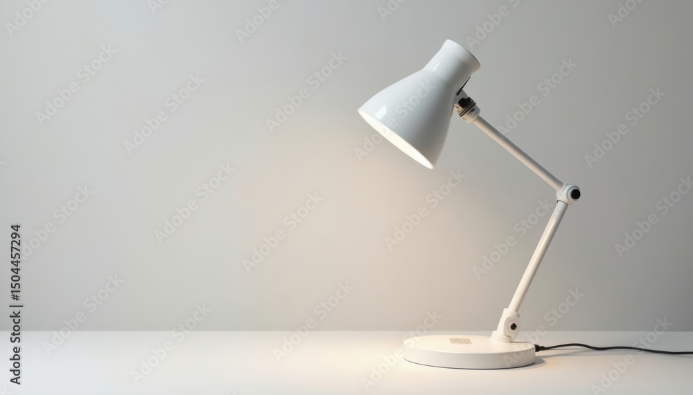 Poster modern minimalist white desk lamp illuminating a simple workspace in soft light