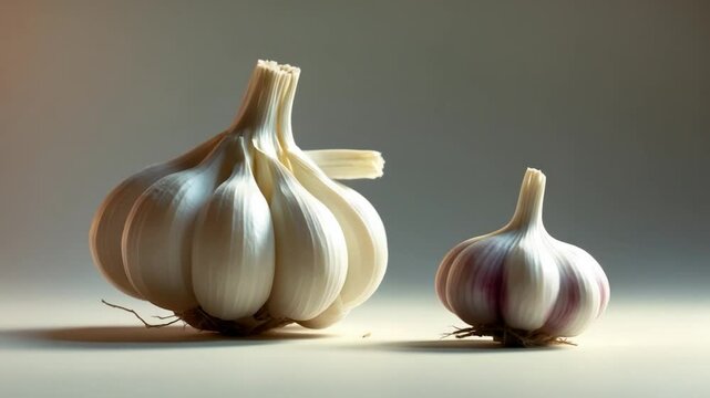A side-by-side comparison of two garlic bulbs, showcasing a large white garlic bulb with a smooth surface next to a smaller bulb with a hint of purple, both displaying their roots.
