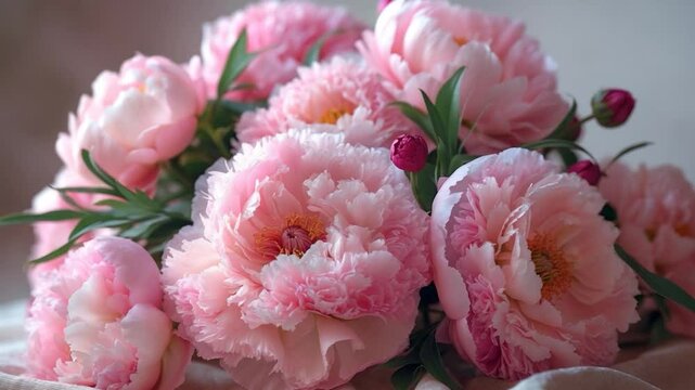 Lush bouquet of soft pink peonies with delicate ruffled petals and vibrant green leaves, arranged elegantly on a light fabric backdrop, showcasing their natural beauty and charm.