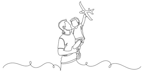 Fathers day line art style vector illustration, father and son line art illustration