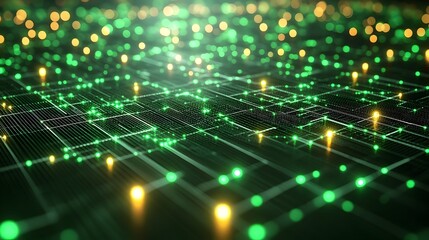 Obraz premium Abstract digital network depicted with glowing nodes and connecting lines forming a grid pattern on a dark background, with warm and cool light accents