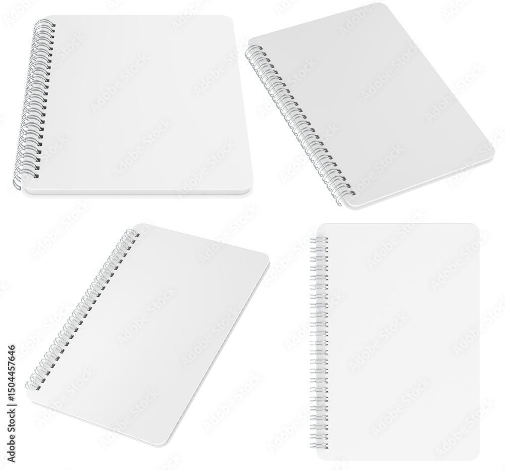 Aufkleber blank spiral notebook mockup, multiple angles. 3d rendering isolated on transparent background