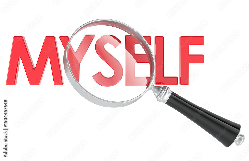 Poster myself with magnifying glass. self-analysis, identity, introspection, mindfulness concept. 3d render
