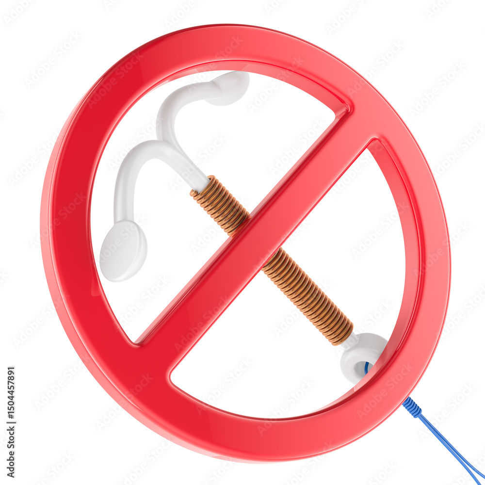 Poster prohibition sign with intrauterine device iud. contraception forbidden, concept. 3d rendering isolat