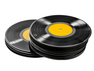 Stack of vintage black vinyl records with yellow labels music collection on transparent background