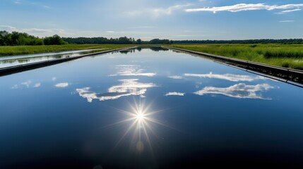 Serene waterway with reflections under bright sky and lush greenery
