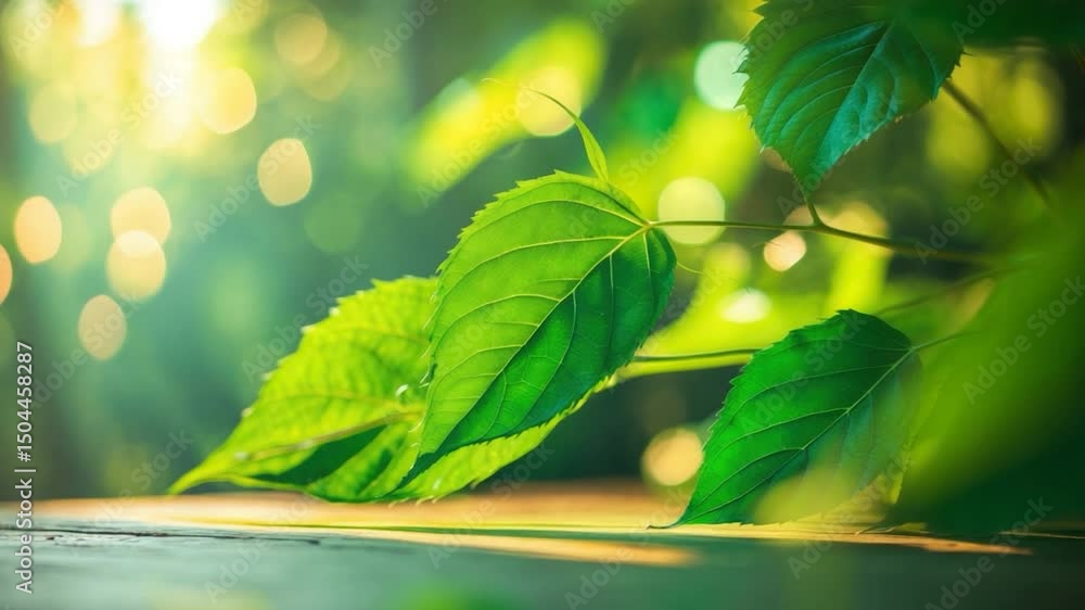 Poster lush green leaves illuminated by soft sunlight with a bokeh background creating a serene and tranqui