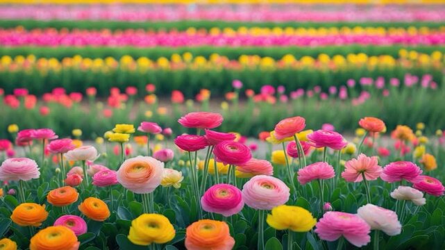 Vibrant field of ranunculus flowers in various shades of pink, yellow, and orange, arranged in colorful rows with lush green foliage, creating a stunning floral tapestry under natural light.