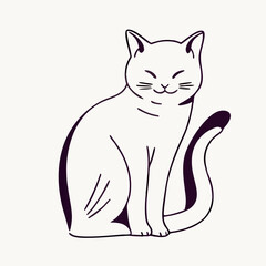 Happy Sitting Cat Line Art Illustration