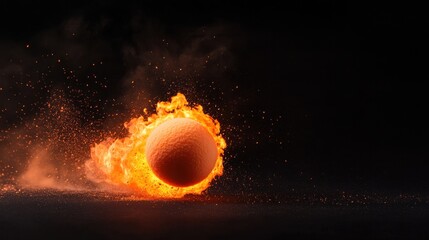 Fiery tennis ball in motion on dark background