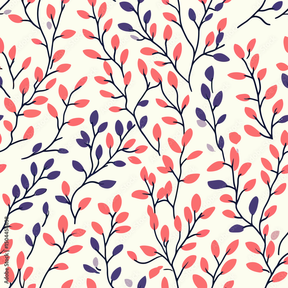 Poster seamless botanical pattern with minimalist pink and purple leaves on dark branches in flat vector st