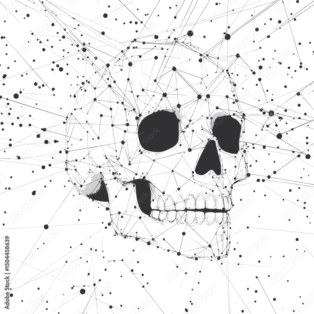 Aufkleber digital human skull composed of interconnected polygonal lines and black dots on white background ab