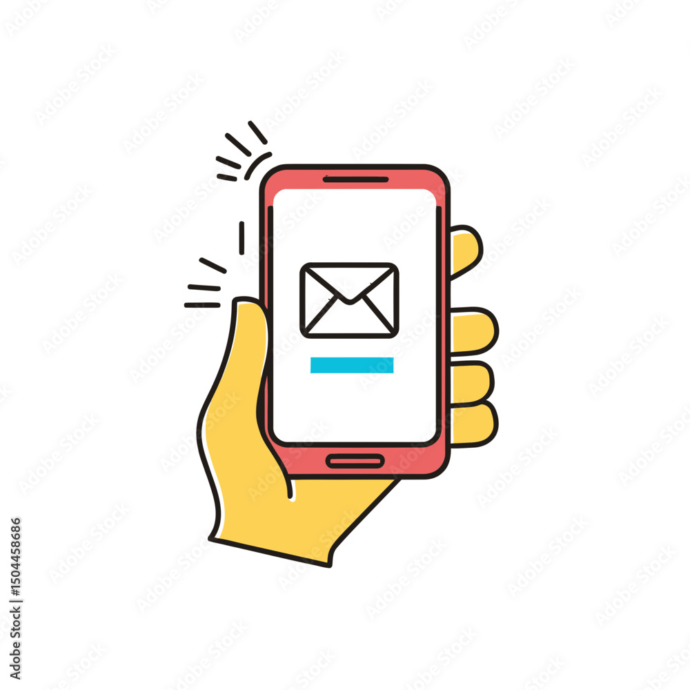 Poster hand holding smartphone with email message notification icon on screen flat line vector illustration