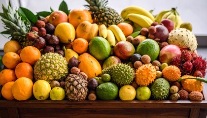 Exotic fruits - pineapple, papaya, mango, annona, banana, pitahaya, kiwano, african 