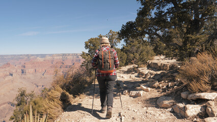 Fat mature female hiker with trekking poles and backpack. Trekking and adventure on fantastic footpath in Grand canyon mountains with red rocks buttes cliff background amazing view of nature