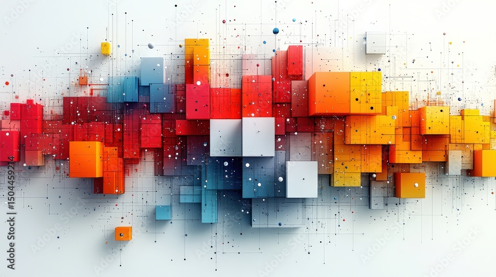 Poster abstract composition of colorful 3d cubes creating a vibrant digital landscape