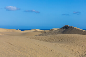 Desert landscape and sand dunes in Maspalomas. View of dunes and sea. Gran Canaria Island Spain
