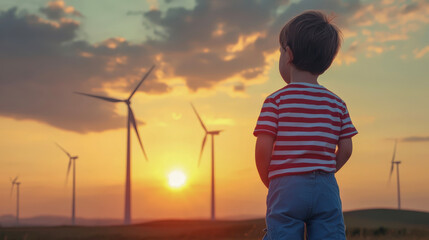Boy standing proud in front of wind turbines and cloudy sky