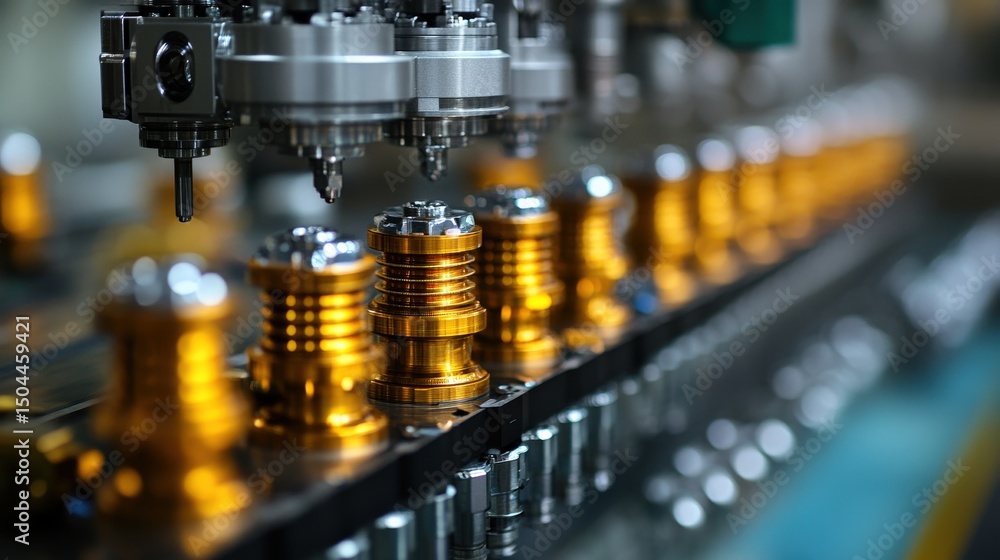 Poster precision machining process showcasing metallic components in a production line setting with focus o