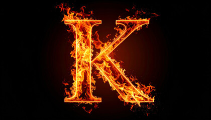 Letter K made of fire flame isolated on black backdrop. Alphabet symbol.