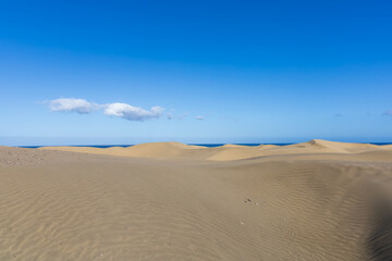 Desert landscape and sand dunes in Maspalomas. View of dunes and sea. Gran Canaria Island Spain