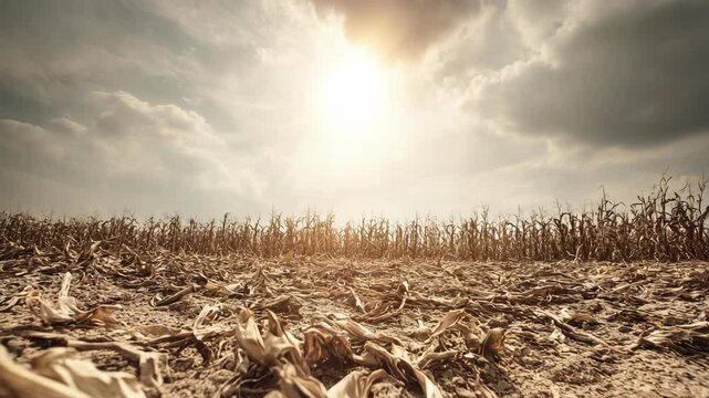 Dried cornfield under a cloudy sky