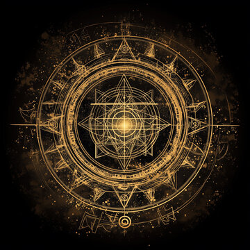 Ancient occult sigil mandala with geometric patterns on black background  