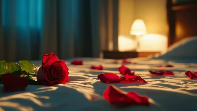Romantic red rose and petals on white bed sheets in warm hotel room