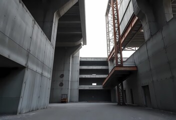 Fototapeta premium A post-industrial landscape with the geometry of abandoned architecture. Cold, ochre and rusty red colors, creating a sense of time stopped in space. Emphasizes the aesthetics of emptiness and urbanis