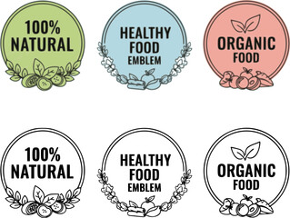 Obraz premium set of Set 100% Natural and organic Product Vector Icon Circle Sign. Healthy Food Emblem. Organic food Badge. 