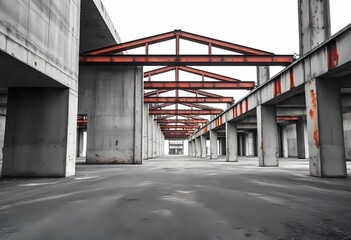 Obraz premium A post-industrial landscape with the geometry of abandoned architecture. Cold, ochre and rusty red colors, creating a sense of time stopped in space. Emphasizes the aesthetics of emptiness and urbanis