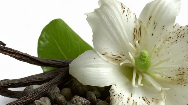 Aromatic vanilla pods, capers and white flower with green leaf, natural food flavoring and spices close-up