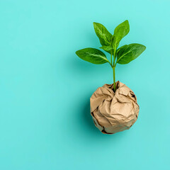Obraz premium Sprouting green plant in paper ball on pastel background zero waste symbol