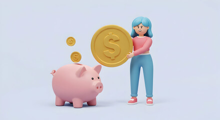 Woman putting dollar coin into piggy bank saving money finance wealth