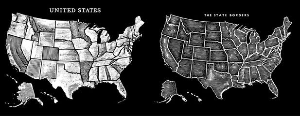 USA Maps in a black and white vintage woodcut engraved ink style. Hand drawn illustration. Against Black Background