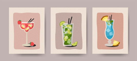 Summer vintage cards set with cocktails. Creative Alcohol drinks concept. Beverages poster set. Minimalist style design poster, card, cover. For party, pub, restaurant or club design