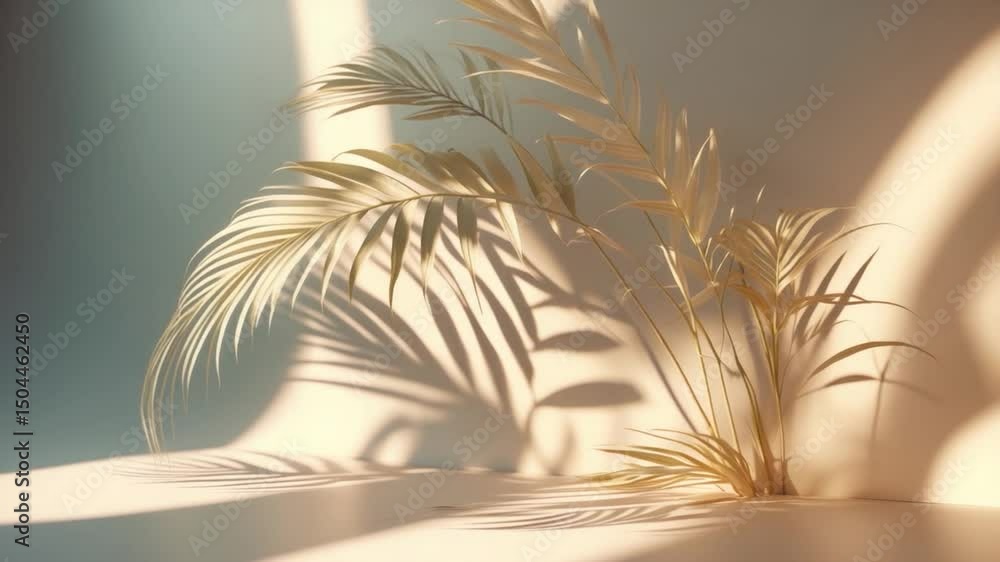 Poster delicate palm fronds casting intricate shadows on a softly illuminated surface, creating a serene an