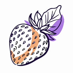 Line Art Drawing of a Single Strawberry with Leaf