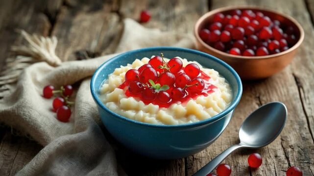 Creamy rice pudding topped with vibrant redcurrants and a glossy berry glaze, served in a rustic blue bowl alongside a copper dish of more redcurrants, on a wooden table.