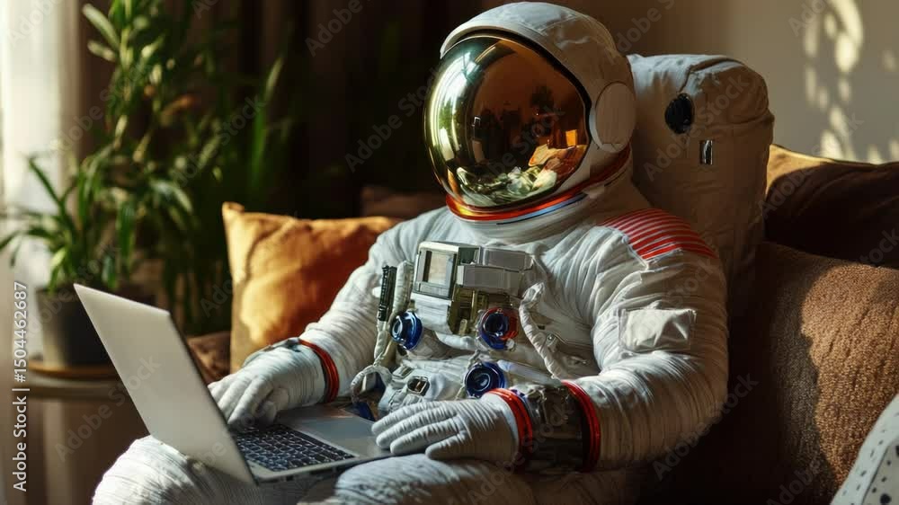 Poster Astronaut using laptop in space suit, Use as background for science or technology related projects