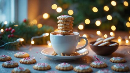 Festive cookies arranged in a delicate white cup with a stack on top, surrounded by scattered cookies and a cozy ambiance of warm glowing lights and greenery.