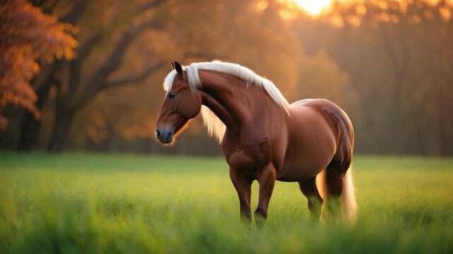 Majestic chestnut horse standing gracefully in a sunlit meadow surrounded by golden autumn foliage, capturing the beauty of nature at dusk with warm hues and a serene atmosphere.