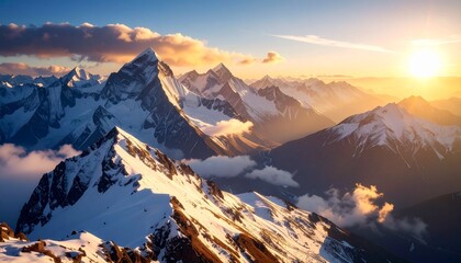 Obraz premium A stunning snow-covered mountain range at sunrise, with jagged peaks illuminated