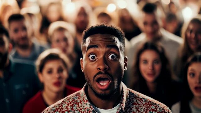 Surprised man surrounded by a crowd shows shock and amazement on face