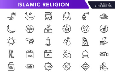 Islamic religion linear icon set. Islamic culture, muslim, islam, muslim calendar, lantern, mosque, prayer, crescent moon, Spiritual faith outline icon collection. UI thin vector icon